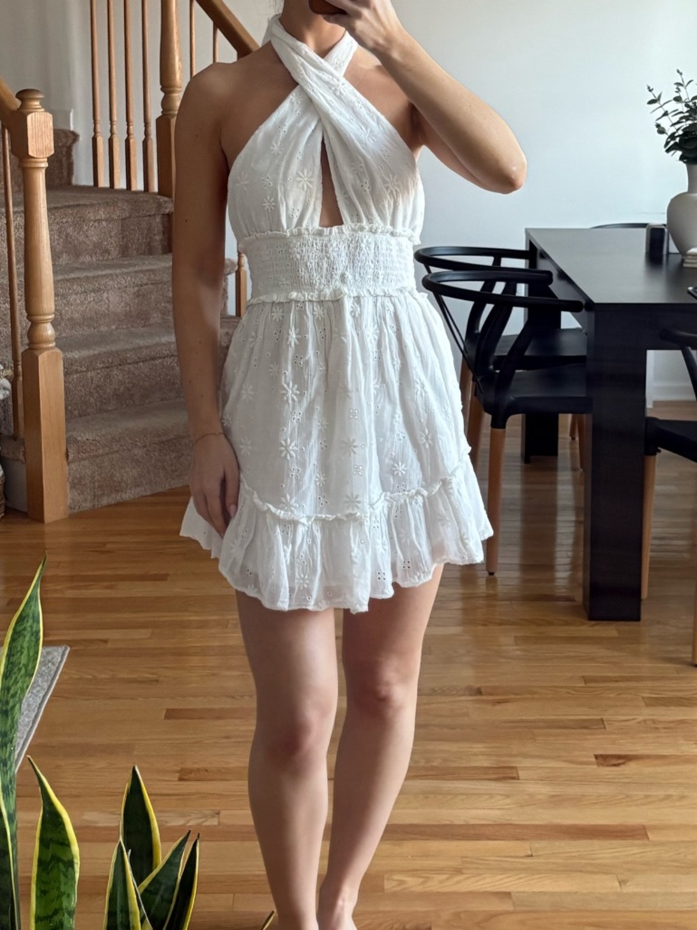 White Halter Eyelet Mini Dress - Smocked Waist
